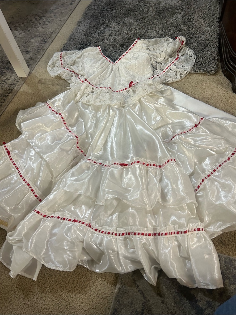 Veracruz Folkloric White & Red Trim Girls' Traditional Ruffled Costume Dress